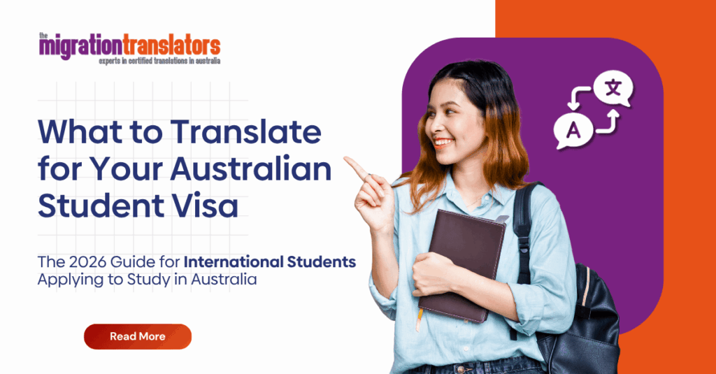 International student holding books and pointing upward, with translation icons, promoting the Migration Translators 2026 student visa translation guide