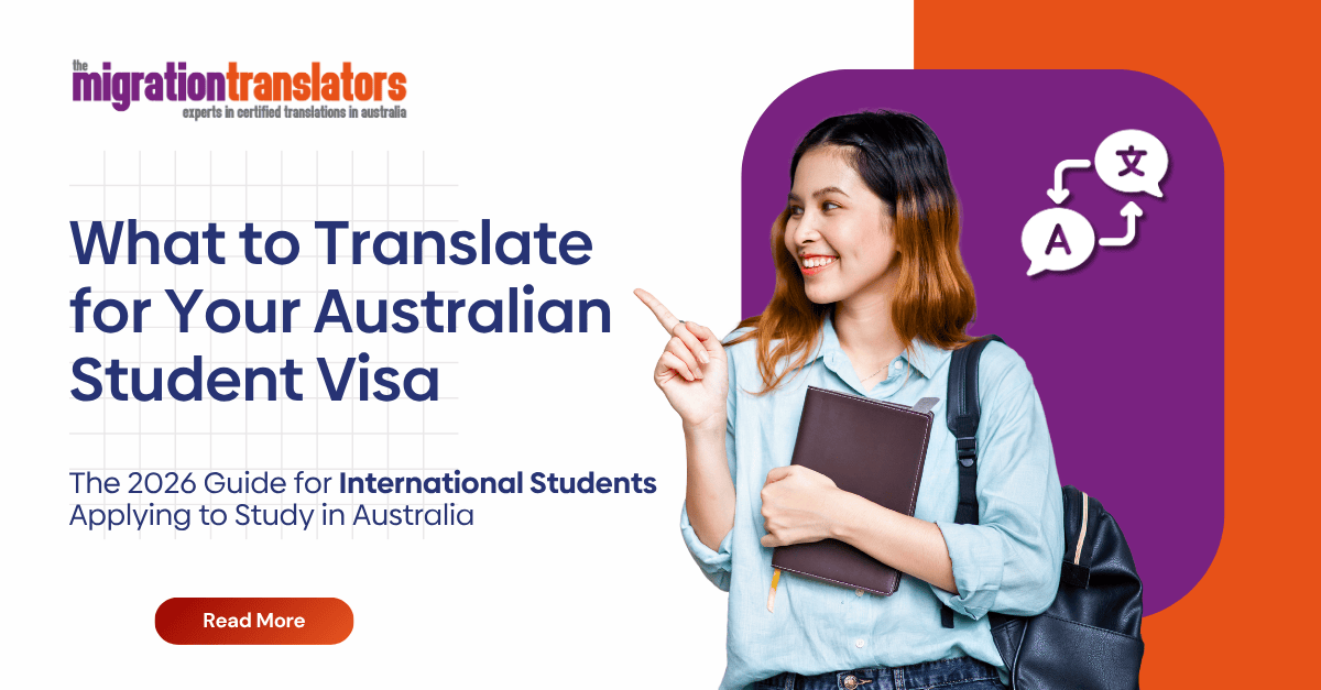 International student holding books and pointing upward, with translation icons, promoting the Migration Translators 2026 student visa translation guide