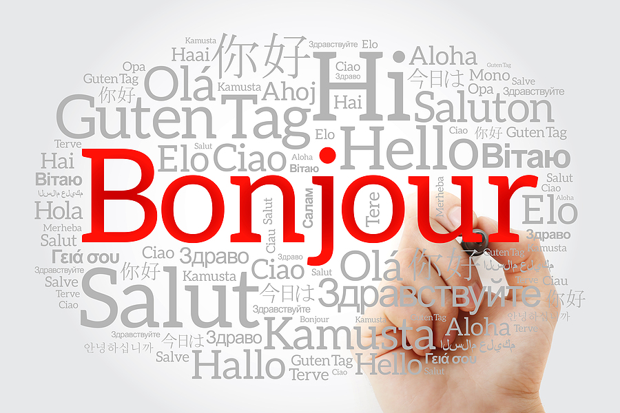 Bonjour (hello Greeting In French) Word Cloud In Different